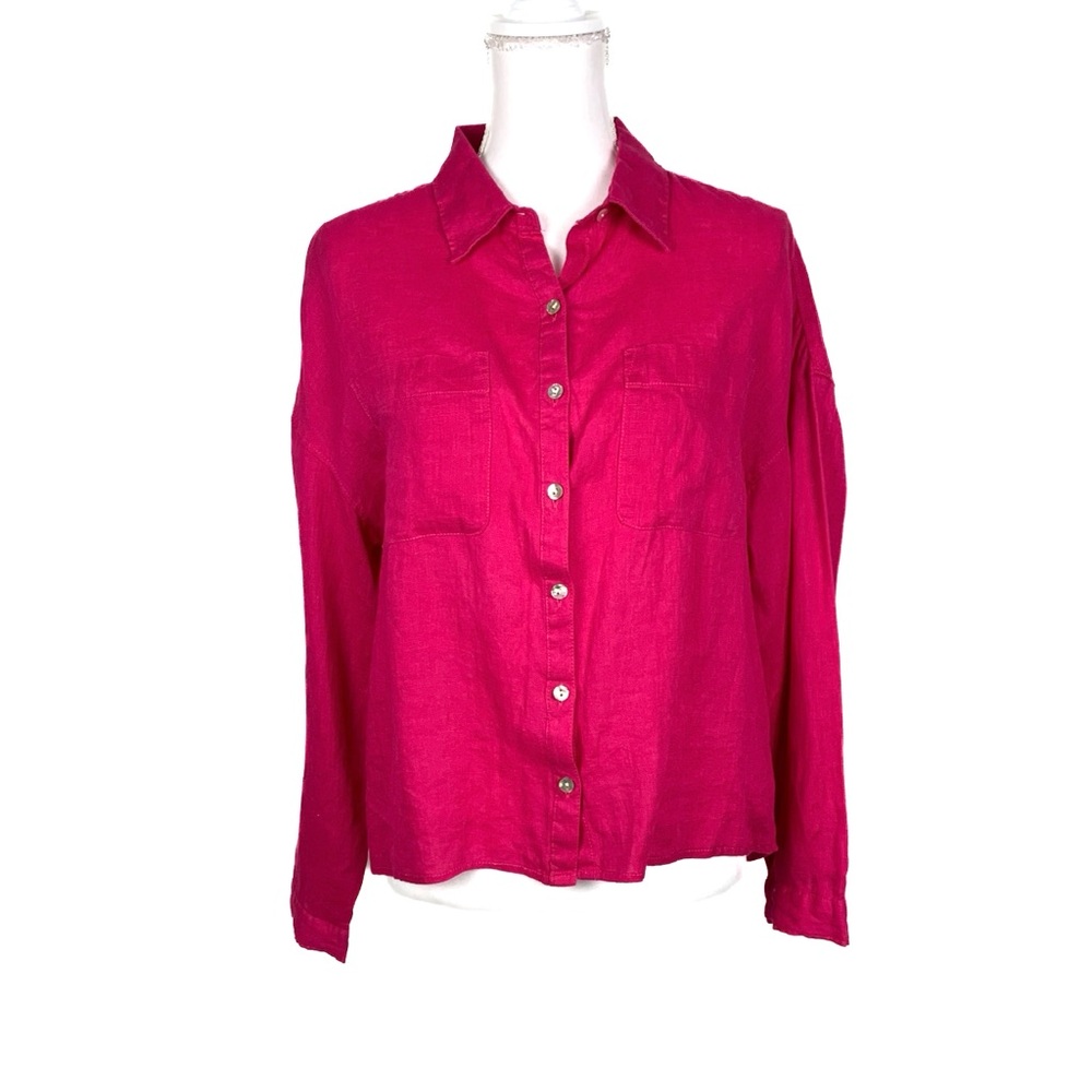NWT Rachel Zoe 100% Linen Button Up Shirt Long Sleeve Relaxed Size M Hot Pink